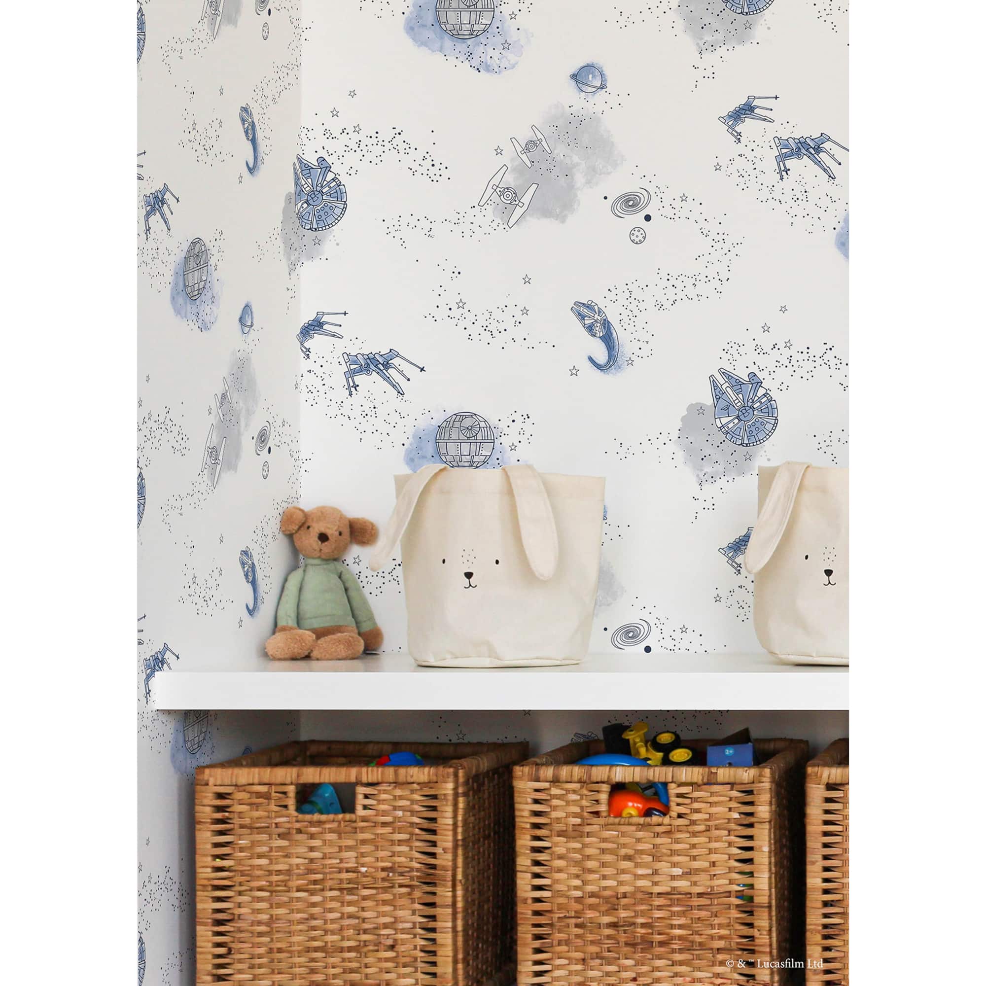 RoomMates STAR WARS Good Night Galaxy Blue and white STAR WARS™ Peel and Stick Wallpaper 20.5" x 18-ft roll covers about 30.8 sq. ft